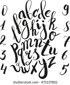 Letters and numbers written with brush pen and ink. Unique vector alphabet. Calligraphy. Lettering design.