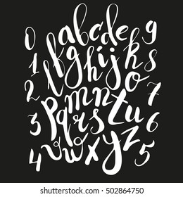 Letters and numbers written with brush pen and ink. Unique vector alphabet. Calligraphy. Lettering design. White letters on black background.