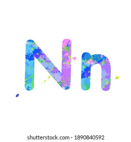 Letters Nuppercase and lowercase with effect of liquid spots of paint in blue, green, pink colors, isolated on white background. Decoration element for design of a flyer, poster, cover, title. Vector