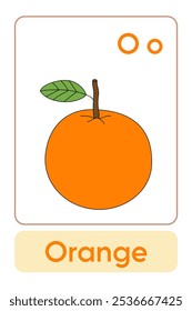 Letters O is for Orange. Fruit Flashcard printable learn letters Alphabet english for kids education and game activity. Kindergarten and preschool worksheets printable for kids.