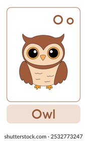 Letters O is for Owl. Animal Flashcard printable learn letters Alphabet abc english for kids education and game activity. Kindergarten and preschool worksheets printable for kids.