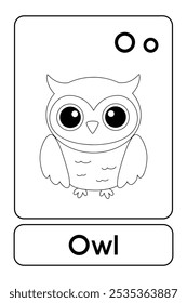 Letters O is for Owl. Owl coloring pages. Animal Flashcard printable learn letters Alphabet abc english for kids education and game activity. Kindergarten and preschool worksheets printable for kids.