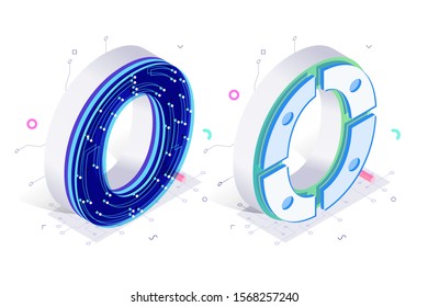Letters O with social networks elements vector illustration. Creative 3d isometric design of alphabet sign with personal data, graph, chart symbols. Internet technology concept