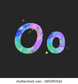 Letras en mayúscula y minúscula con efecto de manchas líquidas de pintura en colores azul, verde, rosa, aisladas en gris oscuro. Elemento de decoración para el diseño de un volante, cartel, portada, título. Vector