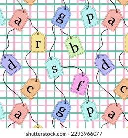 Letters on a background in a cage.Vector seamless pattern with letters on the background of a multi-colored cage.