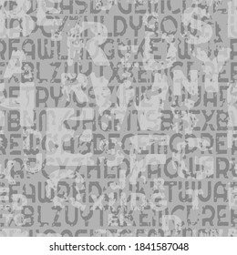letters on gray background with seamless pattern.