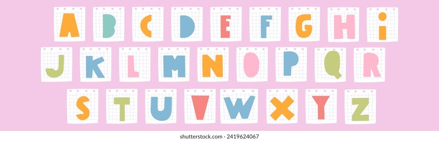 Letters on paper notes. Cute Alphabet. Children education concept. Hand drawn vector illustration on pink background.