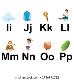 Letters from I to P. Cartoon cute isolated on white background. Best to use as E-learning. Teching English. Vector illustration.