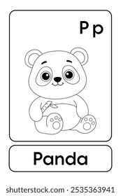 A letra P é para Panda. Páginas para colorir panda. Cartão de animais para impressão Aprenda letras alfabeto inglês para educação infantil e atividade de jogos. Planilhas de jardim de infância e pré-escola imprimíveis para crianças.