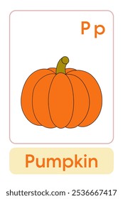 Letters P is for Pumpkin. Fruit and Vegetable Flashcard printable learn letters Alphabet english for kids education and game activity. Kindergarten and preschool worksheets printable for kids.