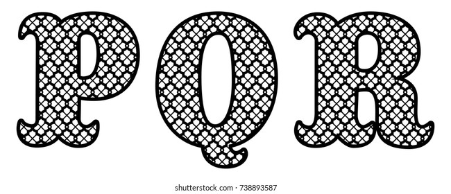 Letters P, Q, R for laser cutting. Initial monogram letters. Alphabet characters. Decor font for paper or die cut. Vector lettering for invitation, baby shower, birthday card, scrapbooking, wedding