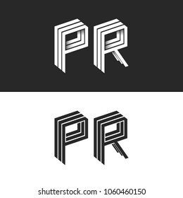 Letters P and R logo set isometric emblem symbol mockup, letters isometric monogram 3D geometric shape lines initial business card emblem