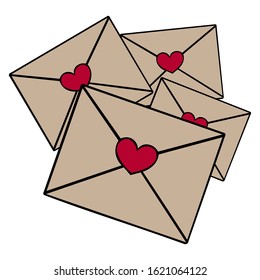 Letters. Pack of love letters with a seal in the form of a heart. Vector illustration. Messages on an isolated background. Message for loved ones. Postcard delivery. Confidential letter. Valentine day