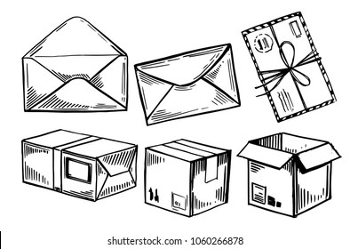 Letters, Parcels, Mail Boxes. Sketch Illustration. Isolated Vector.