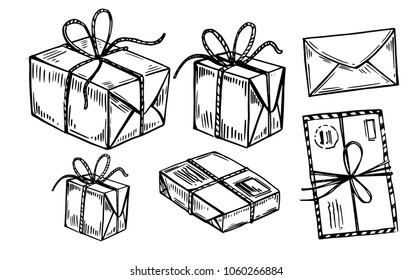 Letters, parcels, mail boxes. Sketch illustration. Isolated vector.