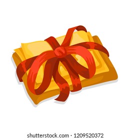 Letters and parcels are packed with red ribbon for a holiday or Christmas. Holiday gift. Present for wedding, annerversary or birthday. Isolated on white background. Flat cartoon vector illustration.