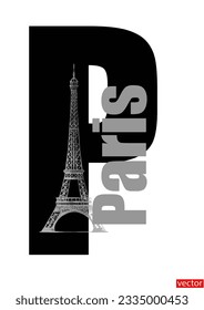 Letters PARIS isolated on white background. Black and white interior poster Paris. Silhouette of the Eiffel Tower. French landmark. Monochrome abstraction Paris. Minimalistic pattern. Vector