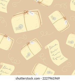 Letters and parsels seamless pattern. Christmas Santa letter, post delivery, retro correspodence concept.