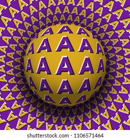 Letters A patterned sphere rolling on rotating surface. Abstract vector optical illusion illustration. Motion background.