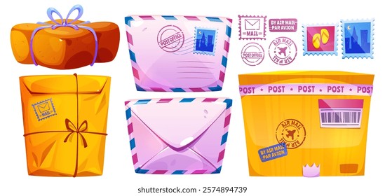 Letters, postage stamps and parcels set isolated on white. Vector cartoon illustration of paper envelopes, cardboard boxes and correspondence shipment signs, mail or cargo delivery, courier service