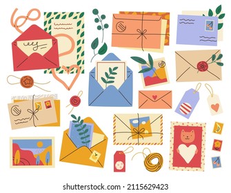 Letters and postcards. Postal paper elements. Closed or open envelopes. Herbarium and message. Handmade mail stamp. Twine or sealing wax. Post communication. Vector