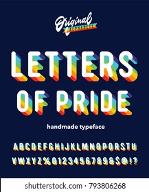 'Letters Of Pride' Six Colour Rainbow Typeface Intended To Celebrate Diversity. Retro 3D Alpahabet Designed for Striking Headlines and Statements. Vector Illustration.