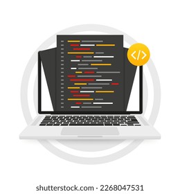 Letters to programming codes on a laptop. Programming language and program code on screen laptop. Programming coding. Software, web development, programming concept. Vector illustration