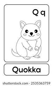 Letras Q é para Quokka. Páginas de coloração Quokka. Animal Flashcard printable aprender letras Alfabeto para a educação das crianças e atividade de jogo. Planilhas de jardim de infância e pré-escola imprimíveis para crianças.