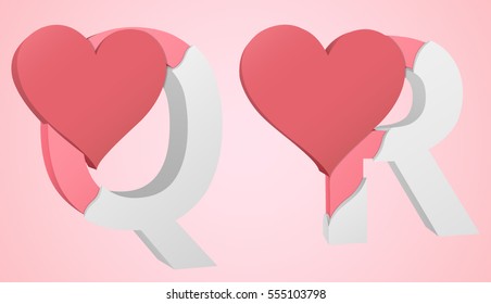 Letters Q and R color pink inside the white broken Letters with a big red heart.