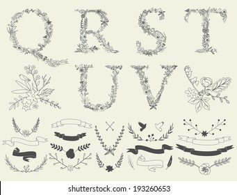 Letters Q, R, S, T, U, V. Floral elements of vintage alphabet in vector