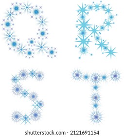 Letters Q, R, S, T made of snowflakes. Winter font design