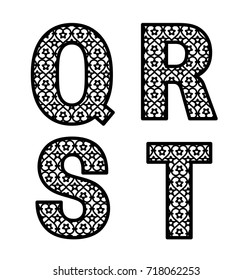 Letters Q, R, S, T for laser cutting. Initial monogram letters. Alphabet characters. Decorative paper font template. Vector numeric date for wedding invitation and birthday card.