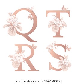 Letters Q T R S, flowers flowering sakura branches, butterfly isolated. Vector decoration. White, gold foil print. Vintage illustration. Floral pattern for greetings, wedding invitations, text design.