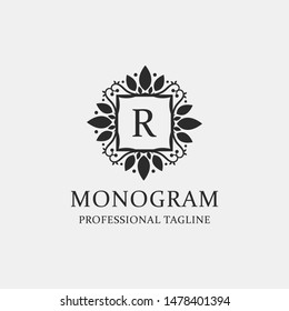 Letters R Logo Monogram with the concept of elegant leafs. Modern design with luxurious black coloring. - Vector file