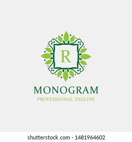 Letters R Logo Monogram with the concept of elegant leafs. Modern design with green coloring. - Vector file

