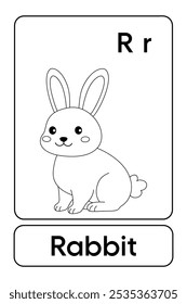 Letters R is for Rabbit. Rabbit coloring pages. Animal Flashcard printable learn letters Alphabet for kids education and game activity. Kindergarten and preschool worksheets printable for kids.