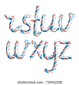 Letters R, S, T, U, V, W, X, Y, Z. Vector. 3D Realistic Candy Cane Alphabet Symbol In Christmas Colour New Year Letter Textured With Red, Blue. Typography Craft Isolated Object. Xmas Art Illustration