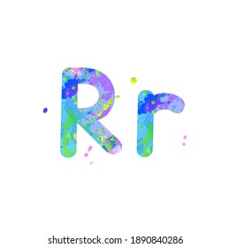 Letters R uppercase and lowercase with effect of liquid spots of paint in blue, green, pink colors, isolated on white background. Decoration element for design of a flyer, poster, cover, title. Vector