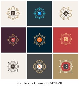 The letters R, V, S, M, N, made in modern line style vector. Luxury elegant frame ornament and ethnic tribal elements. Example designs for Cafe, Hotel, Jewelry, Fashion, Restaurant 
