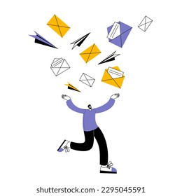 Letters are raining down on a person. Vector illustration on the topic of promotion in social networks.