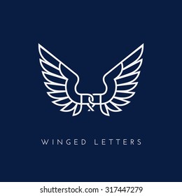 Letters RR with wings. Template for logo, label, emblem, sign, stamp. Vector illustration.