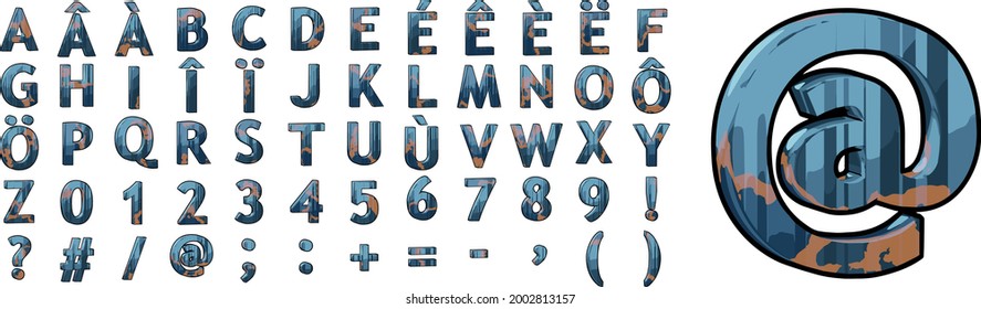 letters rusted metal steel alphabet text uppercase with foreign language accents blue metal