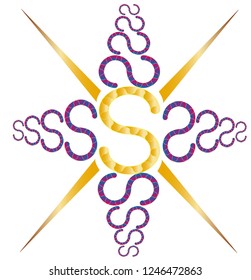 Letters S assembled with decreasing size form a four-pointed star with a distinct S in the middle.
