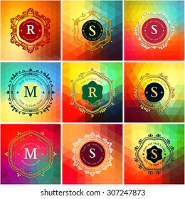 The letters S, M, R & colored triangular textures. Flourishes calligraphic monogram emblem template. Luxury elegant frame ornament line logo design vector illustration. Example designs for Cafe, Hotel