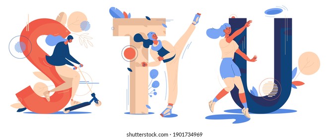 Letters S for scooter riding, T for taekwondo, U for ultimate sport. Educative illustrations collection with women training and having fun being active. Concept abc characters