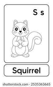 Letters S is for Squirrel. Squirrel coloring pages. Animal Flashcard printable learn letters Alphabet for kids education and game activity. Kindergarten and preschool worksheets printable for kids.