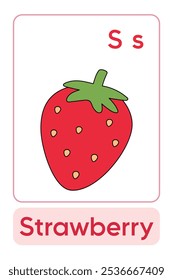 Letters S is for Strawberry. Fruit Flashcard printable learn letters Alphabet english for kids education and game activity. Kindergarten and preschool worksheets printable for kids.