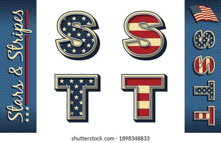 Letters S and T. Stylized vector initials with USA flag elements and colors, isolated on white, with example on dark background.