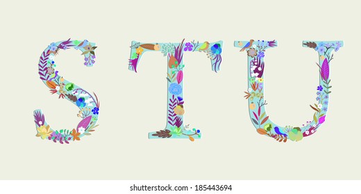 Letters  S, T, U. Bright floral elements of colorful alphabet in vector