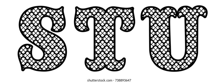 Letters S, T, U  for laser cutting. Initial monogram letters. Alphabet characters. Decor font for paper or die cut. Vector lettering for invitation, baby shower, birthday card, scrapbooking, wedding